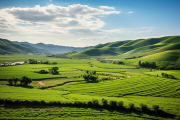 Obraz premium rural landscape of green rolling hills, with diverse crops and vibrant fields in bright blue sky.