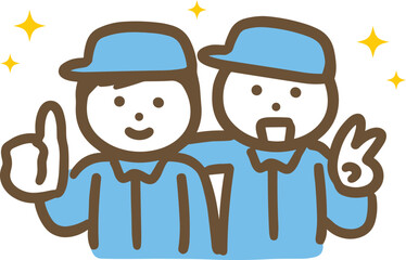 仲が良さそうな笑顔の作業服の男性2人(上半身・正面)