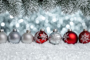 Glittering holiday baubles in snow