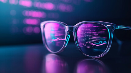 A pair of glasses with a blue frame and purple lenses