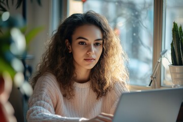 Focused woman writing on laptop