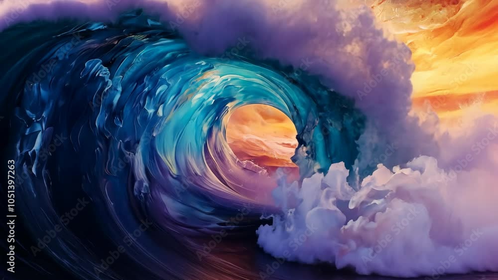 Aufkleber a large wave crashes in a dramatic display of color and movement, creating a tunnel of blue and purp