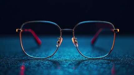Stylish Eyeglasses on Blue Background with Red Highlights Minimalist Fashion Photography