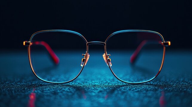 Stylish Eyeglasses on Blue Background with Red Highlights Minimalist Fashion Photography