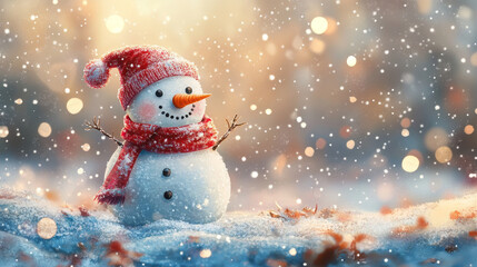 Fototapeta premium cute snowman with red scarf and carrot nose stands cheerfully in snowy landscape, surrounded by falling snowflakes and warm, festive atmosphere
