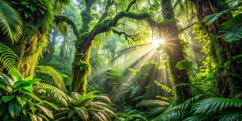 Sunlight filters through the dense canopy of a lush, verdant rainforest, illuminating the mossy trunks and vibrant foliage.