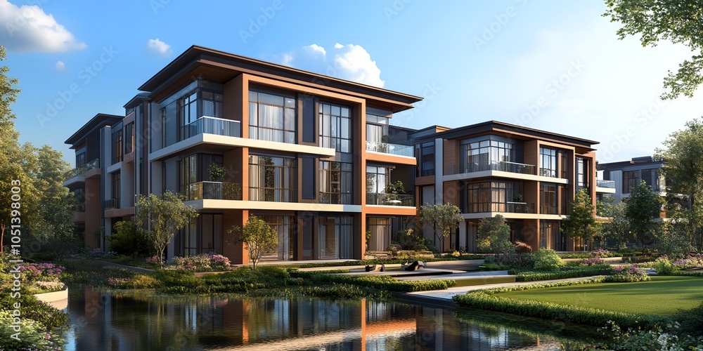 Poster a large apartment building with a pond in front of it. the pond is surrounded by trees and grass