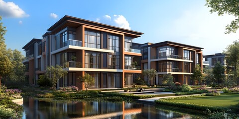 A large apartment building with a pond in front of it. The pond is surrounded by trees and grass