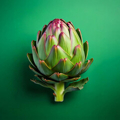Close-up of a fresh green artichoke on green Background