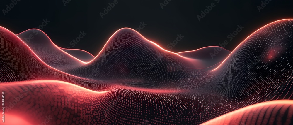 Poster a red and black image of a mountain range with a red and black background. the image has a futuristi
