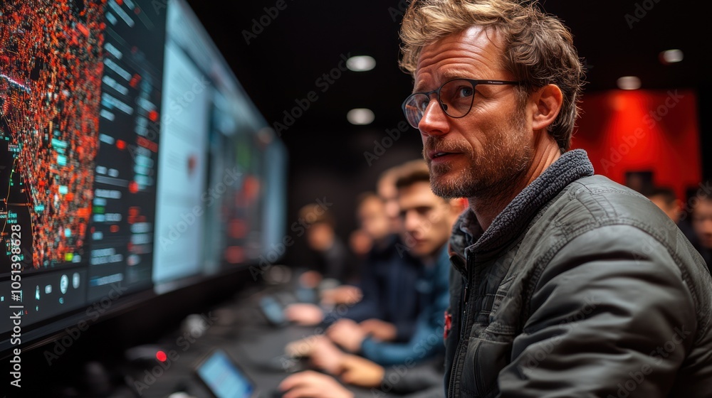 Poster man in glasses focuses on large screen showing data