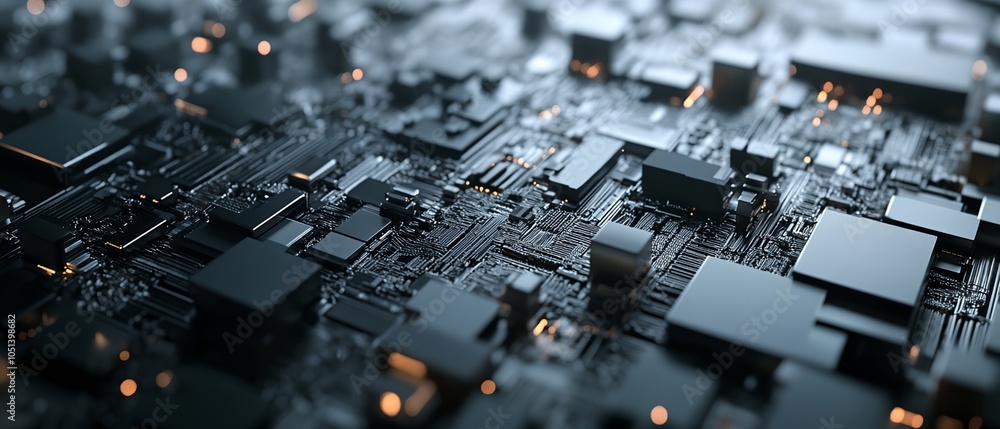 Poster a close up of a computer chip with many small squares. the image is black and white and has a futuri