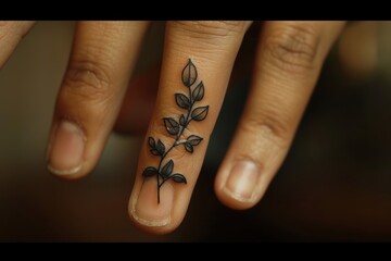 A small tattoo on the finger of a delicate vine wrapping around