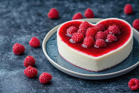 Visualization of a heart-shaped panna cotta with raspberry sauce, smooth glowing effects, Valentine s panna cotta, Silky and elegant dessert