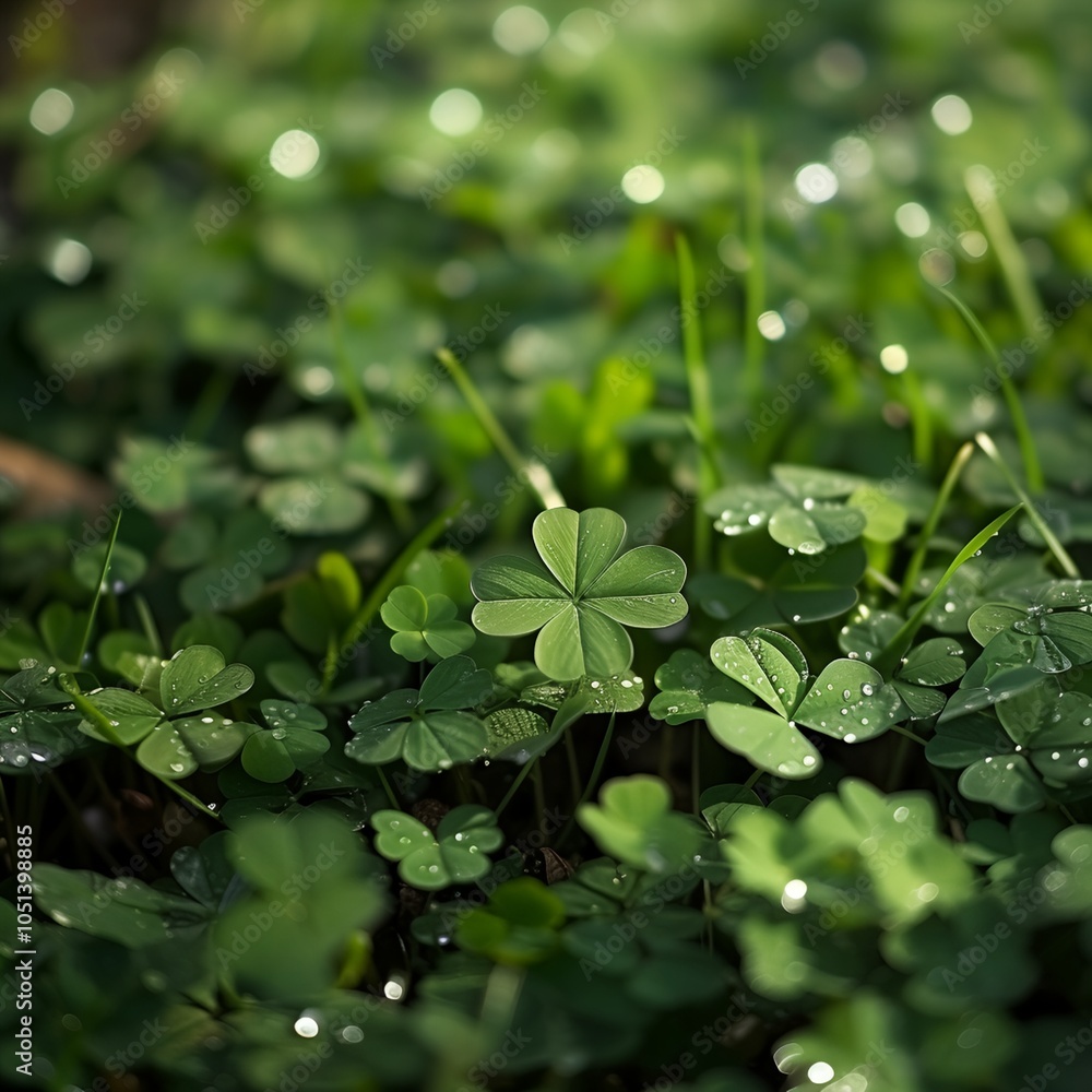 Poster a close up of a field of green grass with a single clover in the foreground. the clover is surrounde