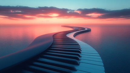 surreal landscape features piano keyboard transforming into winding road over tranquil sea at sunset, evoking sense of wonder and creativity