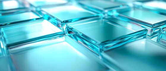 A blue and white image of a pattern of glass blocks. The blocks are arranged in a grid, with some of them overlapping. The image has a modern and sleek feel to it, with the blue