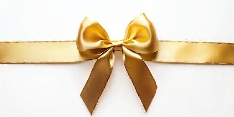 Fototapeta premium A gold ribbon bow is shown on a white background. The ribbon is long and has a gold color. The bow is tied in a way that it looks like a bow