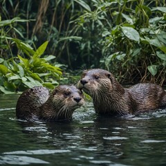 A pair of otters playing in a jungle river, with lush greenery on both banks.
