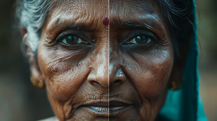 Obraz premium Close-up portrait showing a senior Indian woman’s face with a unique split showcasing each side of her face