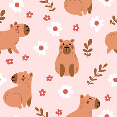 Capybara seamless pattern with flowers