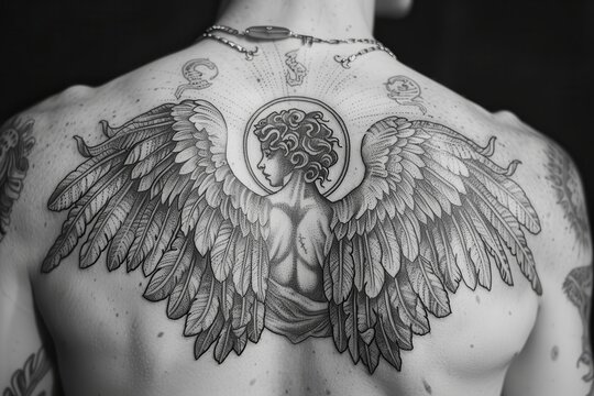 A tattoo of an angel with outstretched wings on the upper back