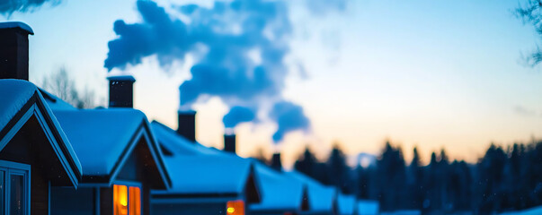 Winter village scene with smoke rising from chimneys, snow-covered rooftops, festive atmosphere, warm lights glowing from cottage windows, softly falling snow, evening twilight