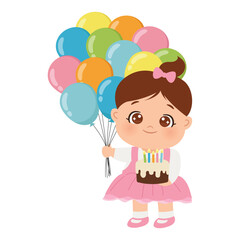 Cute baby girl with balloons and birthday cake