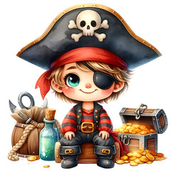 Cute Pirate Clipart, Pirate Ship Clipart, Treasure Island, pirate graphics, Treasure Clipart, Watercolor Clipart, Card Making, Scrapbooking