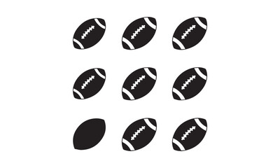 A collection of black silhouette icons featuring American football balls in various angles and positions. Ideal for sports-related designs, team branding, and promotional materials.
