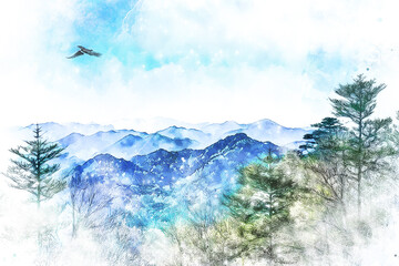 Images of clear blue skies and Japanese alpine mountains