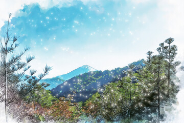 Images of clear blue skies and Japanese alpine mountains