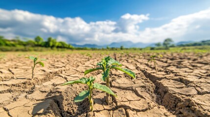 Surface of dry cracked soil showing drought