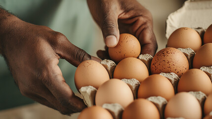 Close-up of a farmer's hands picking up fresh eggs from a carton, soft light emphasizing the subtle speckled textures and warm brown tones, with a rustic background