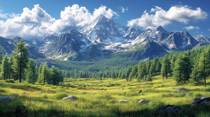 Obraz premium Majestic mountains tower over a lush green valley under a blue sky.