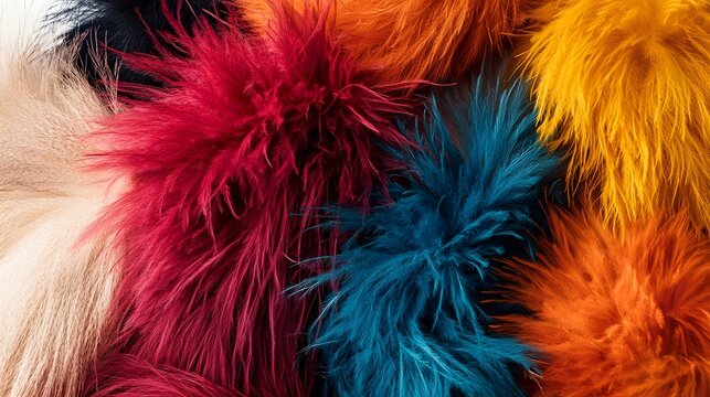92. A detailed view of colorful marabou feathers and furs arranged on white
