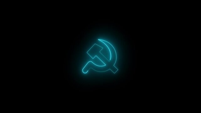 Neon hammer and sickle icon glowing black background animation