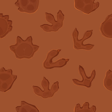 Dinosaur footprint seamless pattern. Cartoon vector background with ancient dino reptile animal paw prints impression on ground. Jurassic era archaeological and paleontology fossils of prehistoric era