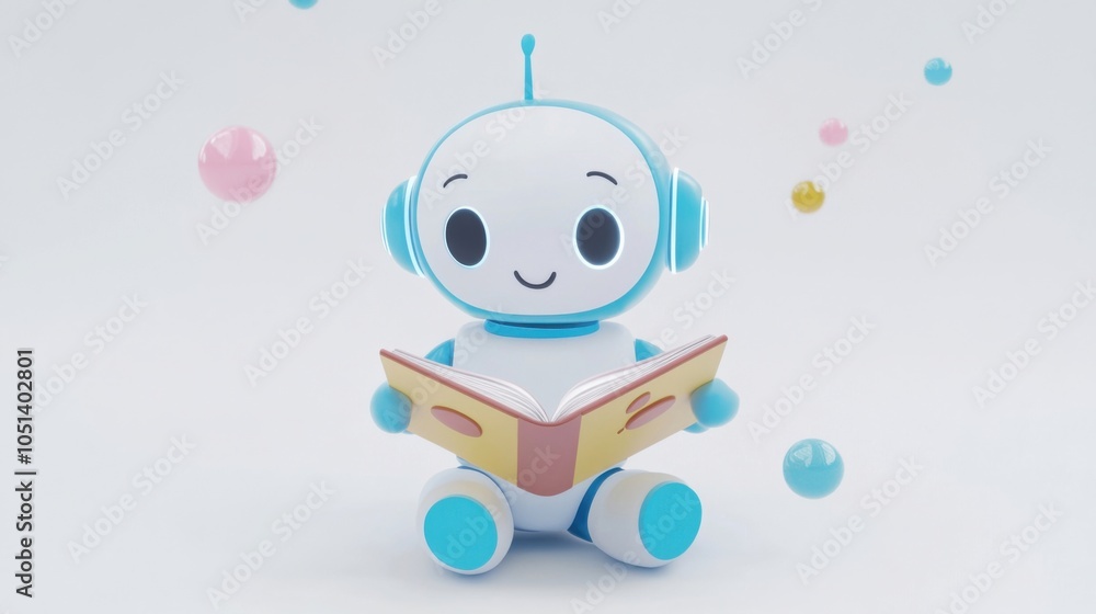 Poster friendly robot character illustrated reading a book in a 3d style on a white background