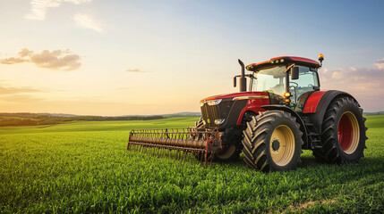 Fototapeta premium Modern tractor parked near a lush green field with a rustic silo beside it, photographed during golden hour with warm highlights on the machinery, aerial shot capturing