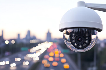 Modern CCTV camera monitoring urban highway with multiple lanes of vehicles, sharp focus on camera lens, blurred cityscape in the background, late afternoon lighting