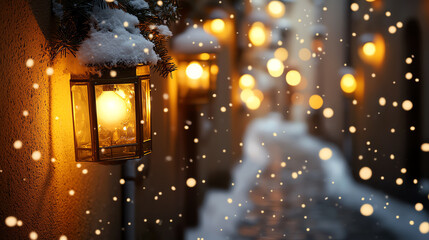 Obraz premium Old European street lined with snow-covered lanterns glowing warm, golden light, soft snowfall, twilight hour, narrow cobblestone alley, festive ambiance, shallow depth of field