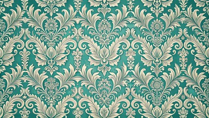 Fototapeta premium Intricate Floral Pattern in a Teal and White Color Palette, Featuring Delicate Scrollwork and Elegant Leafy Designs