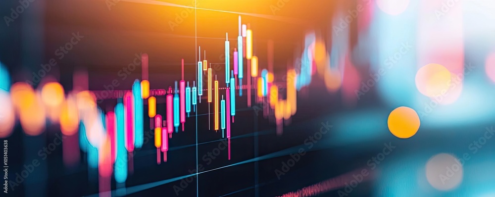 Poster close-up of a financial chart with vibrant colors and glowing lines on a blurred background.