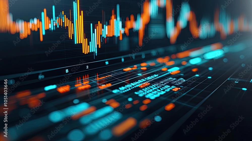 Poster digital stock market data visualization with vibrant charts on dark background.
