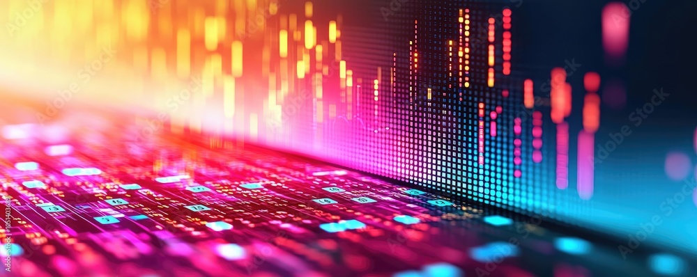 Poster Colorful digital data visualization with vibrant wave patterns.