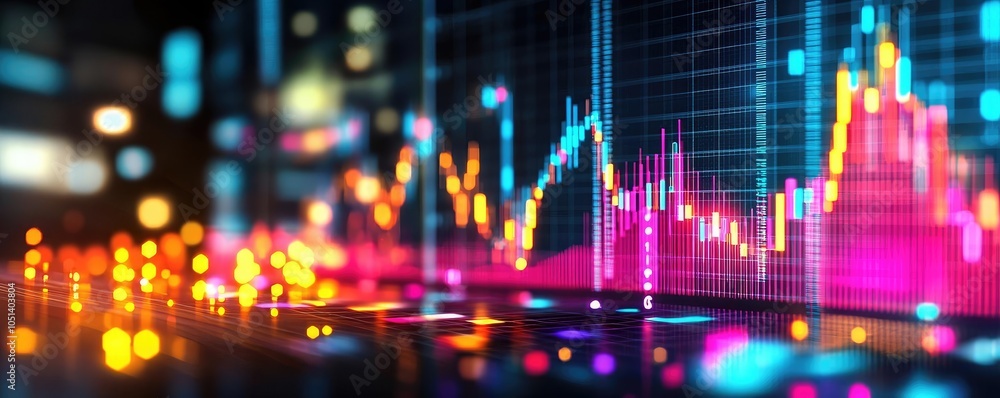 Poster Colorful stock market graph with illuminated lights and vibrant data visualization.