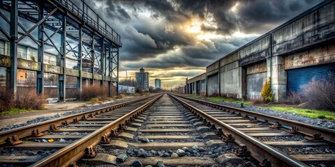 A Distant Horizon, Framed by the Remnants of Industrial Days, Beckons the Traveler Through a Path of Steel and Gravel