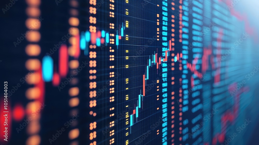 Poster Abstract stock market data with colorful graphs and candlestick charts on a digital display.