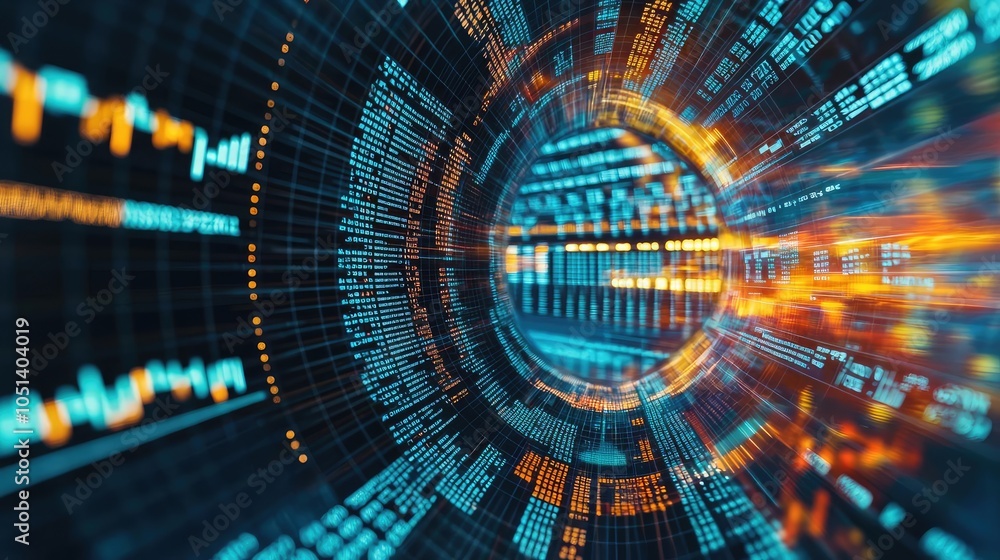 Poster Abstract digital data visualization with glowing elements and circular patterns.